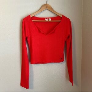 Roxy Women’s Long Sleeve Waffle Knit Thermal Cropped Top in Red, Size Large